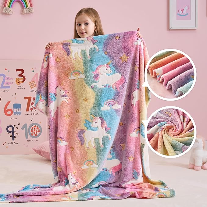 Joiedomi Glow in The Dark Blanket Unicorn Toys for Girls Age 2 3 4 5 6 7 8 9 10 11 12 Year Old Girl Gifts, Soft Cozy Flannel Kids Throw Blanket, Birthday Bedroom Decor 40"×60"