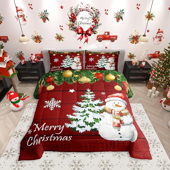 Manfei Christmas Comforter Set Twin Size, Cute Snowman Tree Print Quilt Set with 1 Pillowcase, New Year Theme Rustic Style Xmas Bedding Set 2pcs for Kids Boys Girls Bedroom Decor