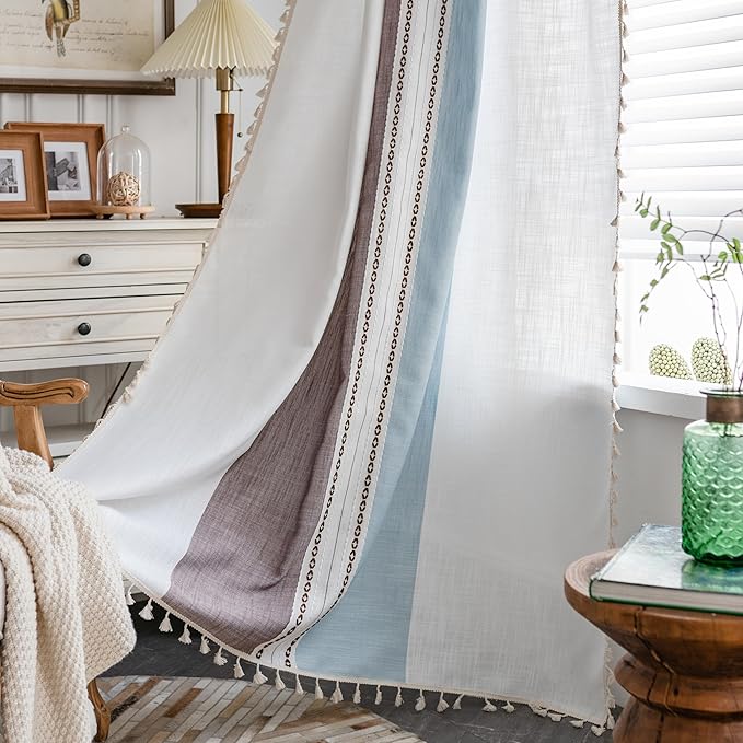 Deeprove Boho Linen Curtains 84 inch for Bedroom Living Room, Semi Blackout Textured Farmhouse Tassels Window Treatment Bohemian Embroidery Drape Rod Pocket 1 Panel 52" W x 84" L, Blue and Brown
