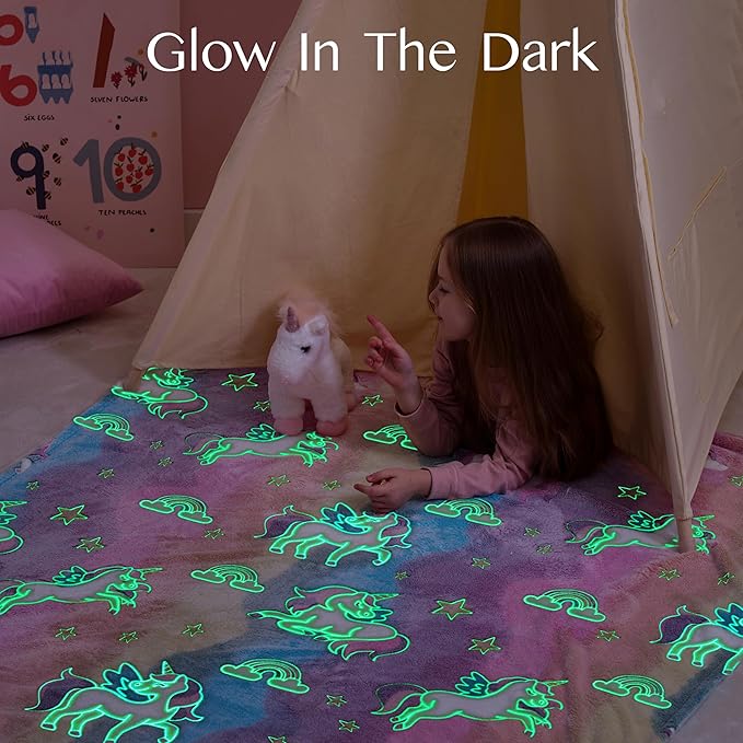 Joiedomi Glow in The Dark Blanket Unicorn Toys for Girls Age 2 3 4 5 6 7 8 9 10 11 12 Year Old Girl Gifts, Soft Cozy Flannel Kids Throw Blanket, Birthday Bedroom Decor 40"×60"