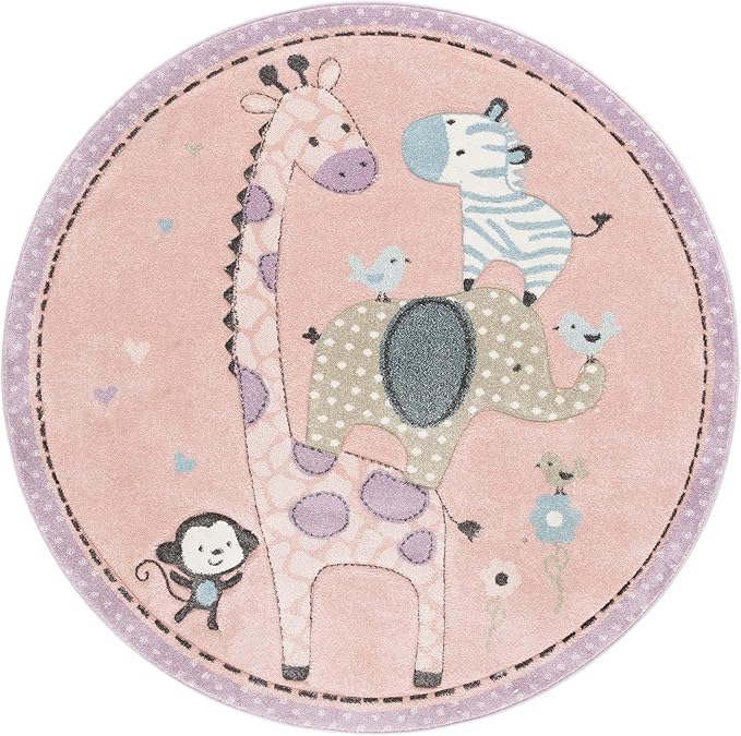SAFAVIEH Carousel Kids Collection Area Rug - 5'3" Round, Blush Pink, Animal Design, Easy Care & Non-Shedding, Ideal for High Traffic Areas for Boys & Girls in Playroom, Nursery (CRK120U-5R)
