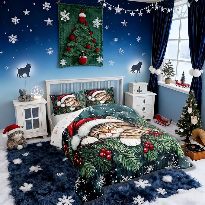 Cute Cat Comforter Set King Size,Winter Holly Berries Snowflake Kids Bedding Set,Animal Merry Christmas Poinsettia Quilt Comforter,Dark Green Duvet Insert,2 Pillowcases