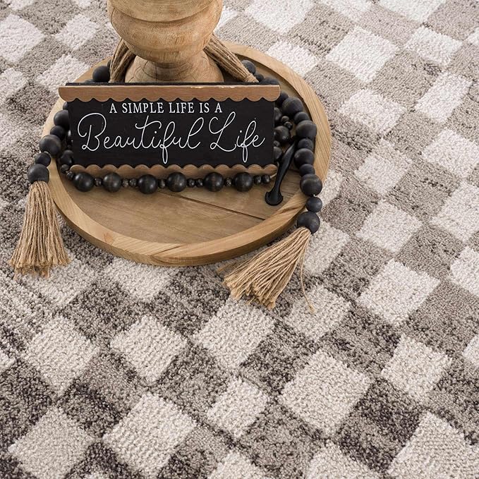 Hauteloom Pertek Modern Checkered Area Rug - Modern Geometric Carpet for Living Room, Kids Room, Nursery - Bohemian Boho Carpet - Brown, Beige, Cream - 6'7" x 9'