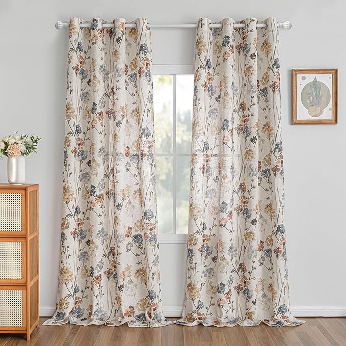 MYSKY HOME Floor to Ceiling Linen Floral Curtains 95 Inch Length 2 Panels Set Semi Sheer Light Filtering Farmhouse Flower Print Patterned Window Grommet Curtains for Living/Dining Room, Yellow, 2 Pcs