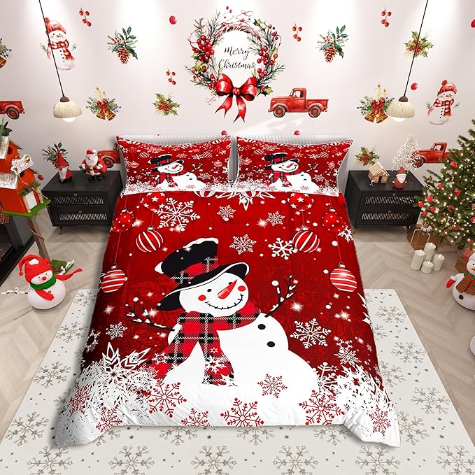 Manfei Snowman Duvet Cover Set Queen Size, Snowflake Balloon Xmas Decor Comforter Cover with 2 Pillowcases, Christmas Red Bedding Set 3pcs for Kids Boy Girls Lightweight Bedspread Cover,No Comforter