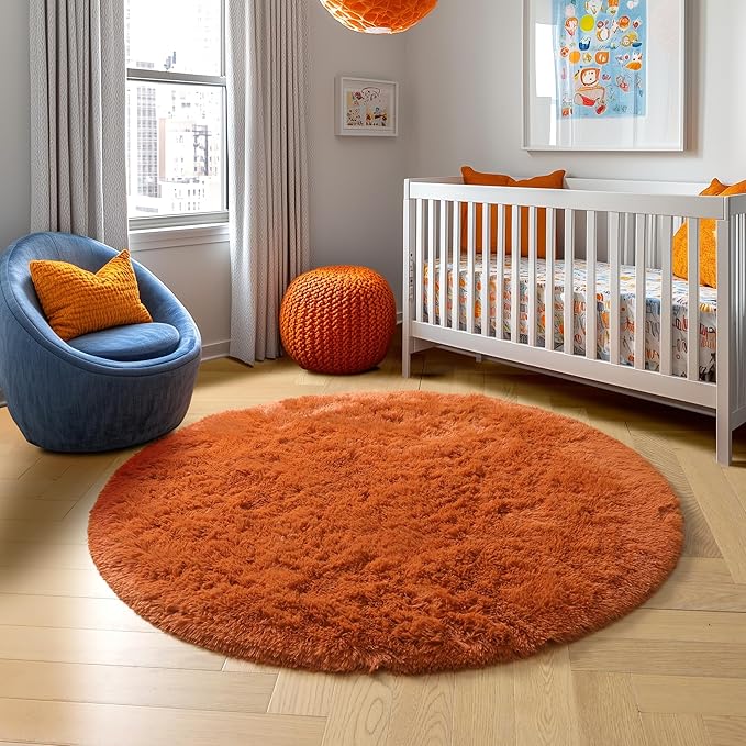 Amdrebio Burnt Orange Round Circle Rug 4Ft for Bedroom Living Room Aesthetic, Fluffy Fuzzy Furry Shaggy Area Rugs for Kids Room Decor, Small Plush Shag Dark Orange Carpet for Nursery Dorm Classroom