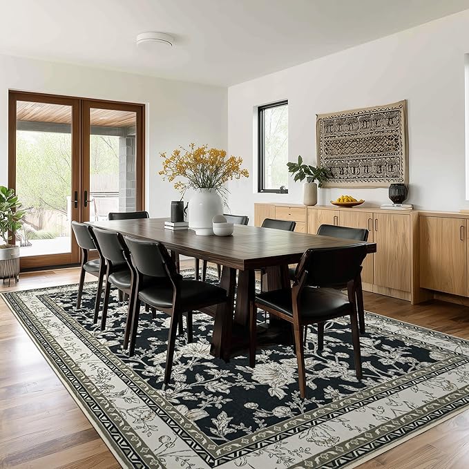 Black Floral 8x10 Area Rugs for Living Room, Cream Beige Taupe Sketch Pattern Bedroom Rug Boho Low Pile Dining Room Washable Carpet 8x10, Vintage Soft Indoor Non-Slip Floor Covering Nursery Playroom