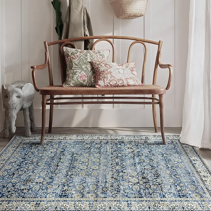 Blue Vintage Design Floral Area Rug Distressed Carpet 3x5 Cover Print Multi Rug Kitchen Living Room Bedroom Dining Room