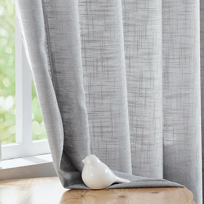 FMFUNCTEX Linen Semi Sheer Curtains for Living Room Soft Grey 108 Inches Extra Long Solid Linen Textured Sheer Drapes for Bedroom, Light Filtring Window Gray Drapes Farmhouse 2 Panels Rod Pocket