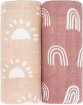 Comfy Cubs Muslin Swaddle Blankets Pack of 2 - 47 x 47 Inch Soft Cotton Baby Blanket Set, Large Multipurpose Wraps for Newborns - Self-Soothing Swaddles for Newborns - Sun & Rainbow
