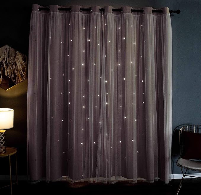 Kinryb Princess Curtains for Girls Bedroom with Sheer Overlay,Double Layer Curtain for Living Room with Star Cutout, Curtains for Kids Room (52 W*63 L Inches,2 Pcs Pink)