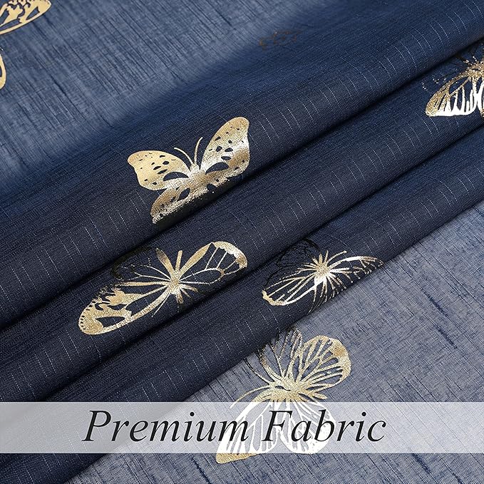 Jubilantex Butterfly Sheer Curtains Navy Blue Drapery with Gold Print Pattern 63 Inch Long, Kids Nursery Bedroom Voile Linen Textured Curtain Rod Pocket Window Drapes, 2 Panels