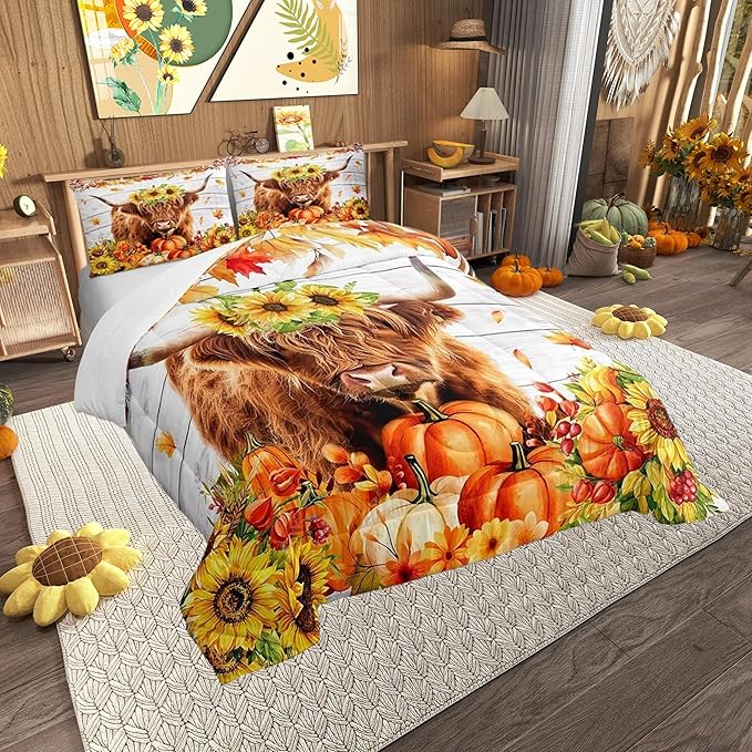 Autumn Theme King Size Comforter/Duvet Set,Highland Cattle Ultra Soft Bed Collection,Sunflower Pumpkin Maple Leaf Bedding for Room Decor 3 Pcs,Microfiber Breathable