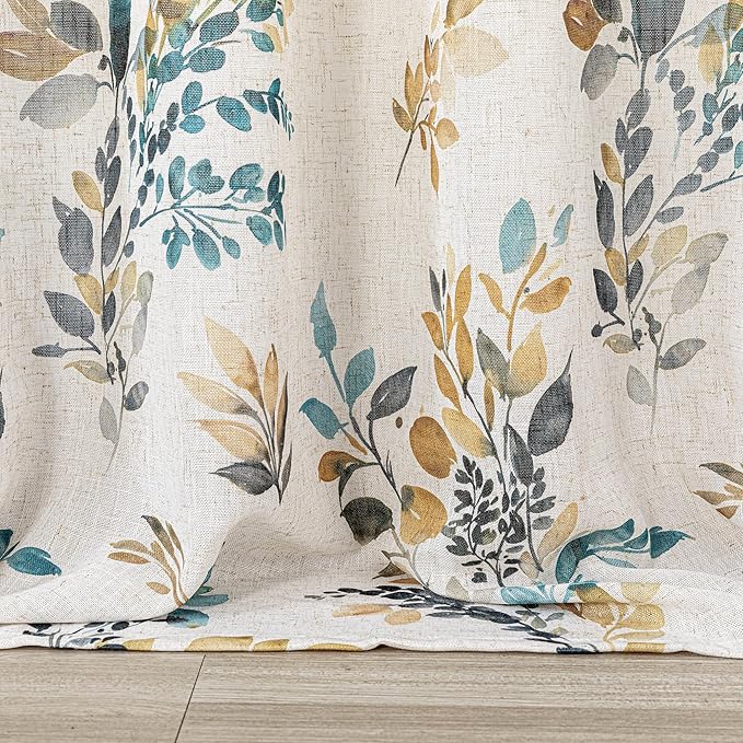 MYSKY HOME Curtains for Living Room Semi Sheer 84 inch Length Light Filtering Privacy Protect Drapes Set Linen Blended Texture Soft Touch Leaves Pattern Treatment, 52" Wide, Yellow and Blue, 2 Panels