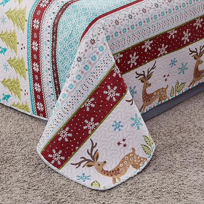 Jessy Home Christmas Bedding Set - Queen Size Quilt, Bedspread, Reversible Coverlet - Rustic Lodge Deer Snowflake Cabin Home Holiday Decor