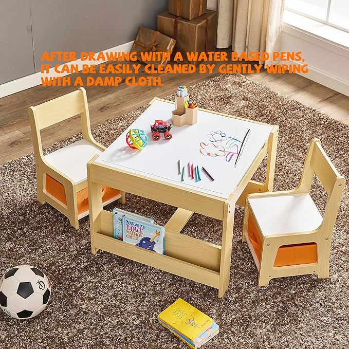 Kids Table and Chair Set, 3 in 1 Wooden Activity Table with Storage Drawer for Toddlers Drawing, Reading, Crafts, 2 in 1 Detachable Tabletop Table Set for Nursery, Playroom (Natural & White)