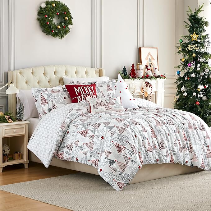 Southshore Fine Living, Inc. 5-Piece Reversible Christmas Comforter Set Twin/Extra Long, Red, Grey & White Christmas Bedding Twin, 1 Matching Sham, 3 Throw Pillows, Holiday Bedding - Merry & Bright