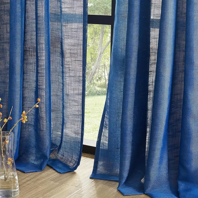FMFUNCTEX Linen Semi Sheer Curtains 84 Inches Long for Bedroom, Navy Blue Pinch Pleated Curtains for Living Room, Light Filtering Farmhouse Window Drapes Rod Pocket Back Tab 2 Panels Set