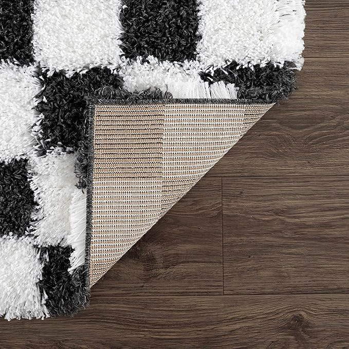 Hauteloom Atira Contemporary Checkered Fluffy Shag Area Rug - Modern Geometric Carpet Tiles for Living Room, Kids Room, Nursery - Plush Pile - White,Black - 8'10" x 12'