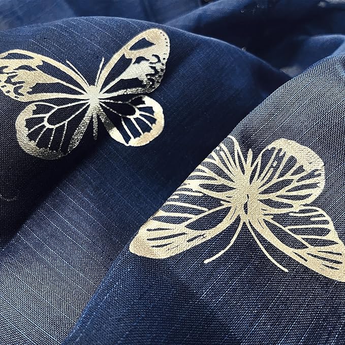 Jubilantex Butterfly Sheer Curtains Navy Blue Drapery with Gold Print Pattern 84 Inch Long, Kids Nursery Bedroom Voile Linen Textured Curtain Rod Pocket Window Drapes, 2 Panels