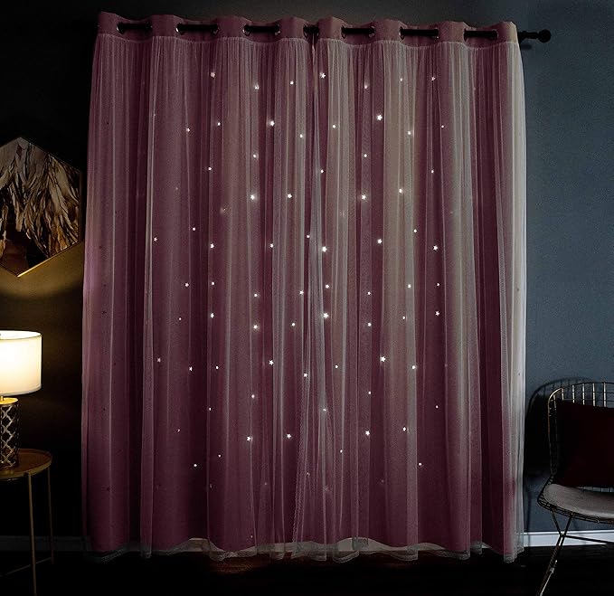 Kinryb Princess Curtains for Girls Bedroom with Sheer Overlay,Double Layer Curtain for Living Room with Star Cutout, Curtains for Kids Room (52 W*84 L Inches,2 Pcs Coral)