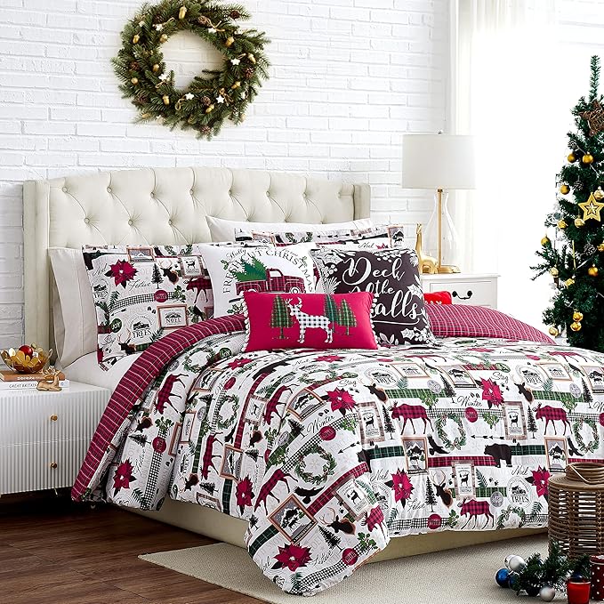 Southshore Fine Living, Inc. Merry Town Christmas Comforter Set, Twin Size 5-Piece Christmas Bedding Set w/Shams & Holiday Throw Pillow; Reversible 2-Sided Red Plaid Comforter & Rustic Cabin Print