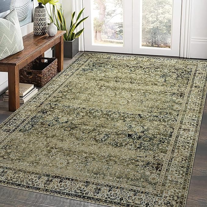 Olive Green Boho Area Rug 5 x7 for Living Room Washable Faux Wool Low Pile Stain Resistant Rubber Backed Cottagecore Neutral Bedroom Nursery Rugs 5x7