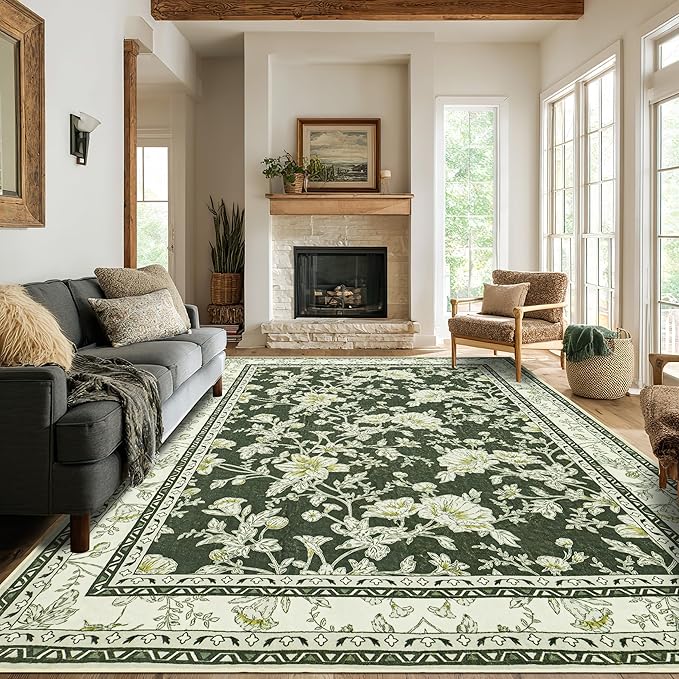 Olive Green Floral Print Area Rugs for Bedroom Living Room Boho Farmhouse Country Rustic Dining Room Carpet Soft Washable Rugs Non Slip Floor Covering for Nursery Playroom 5x8